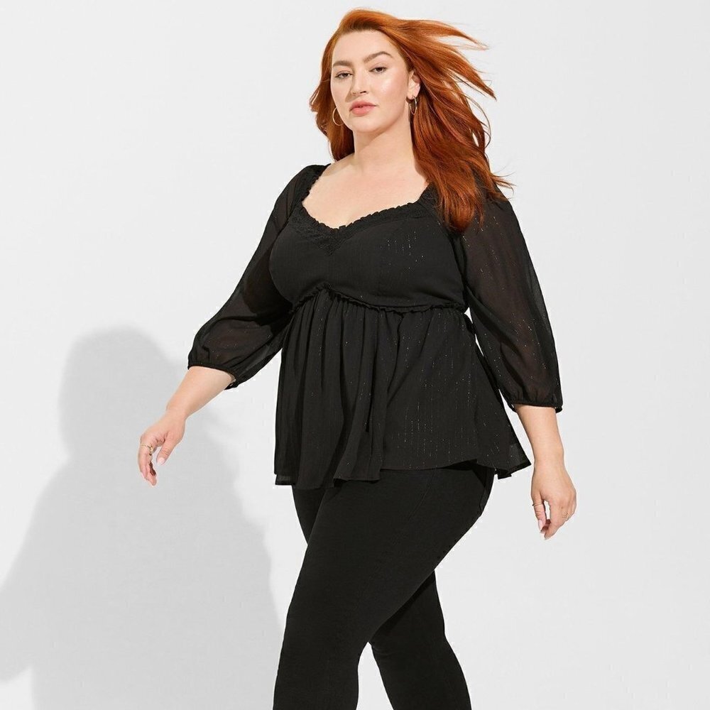 Torrid - Babydoll Crinkle Chiffon Blouson Sleeve Top in Deep Black​​​​​​​​​